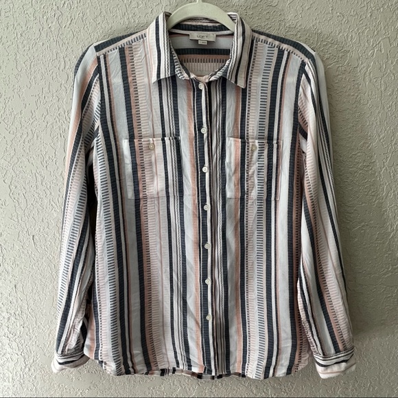 Loft women’s long sleeve button down shirt, small, white, grey and peach stripes - Picture 1 of 7